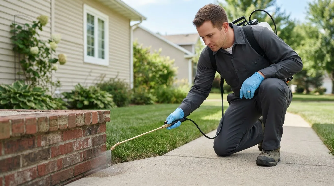 Pest control technician treating a home near Milan, KS